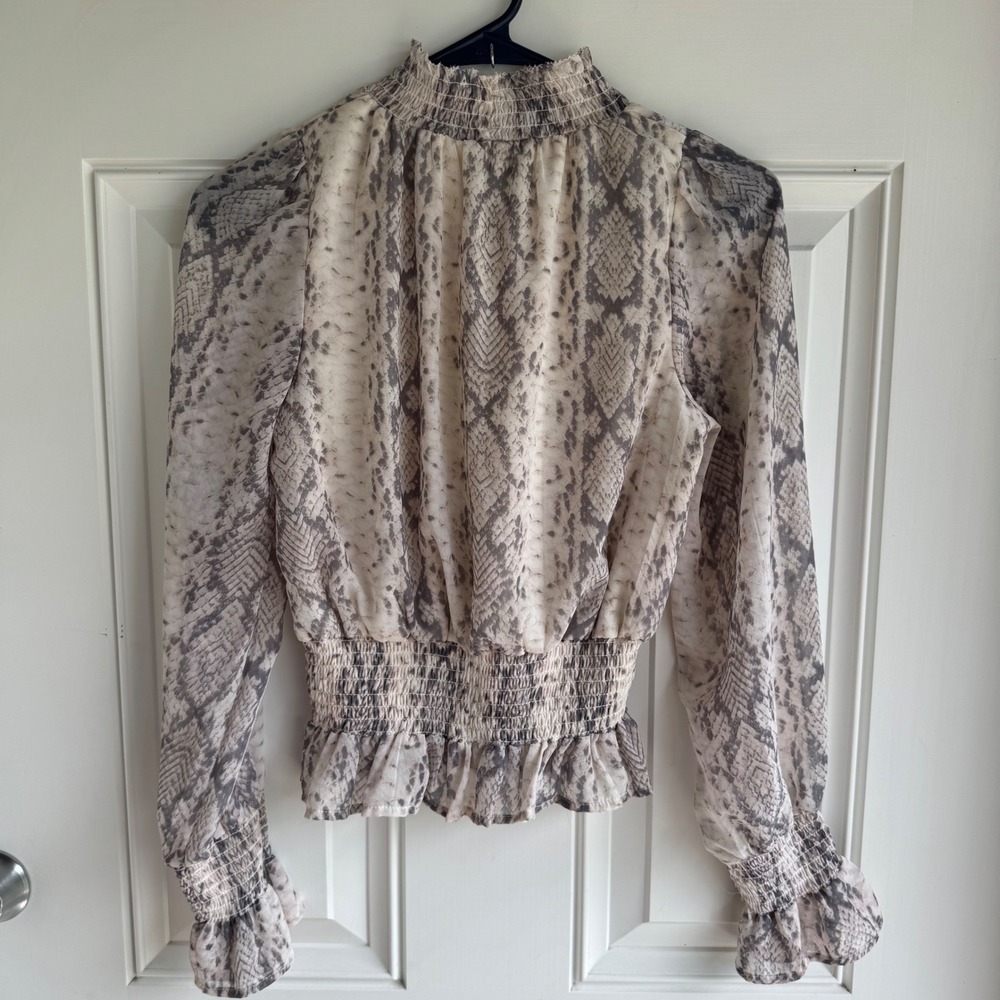 Japna Snake Print Smocked Peplum Blouse‎ Grey Cream Mock Neck Long Sleeve XS